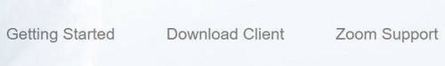 Screenshot: Footer-Menü der Zoom-Website mit drei Verlinkungen mit den Titeln "Getting started", "Download Client" und "Zoom support".