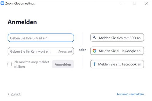 Screenshot: Log-In-Maske mit Textfeldern und allternative Log-In-Möglichkeiten des Zoom-Clients.