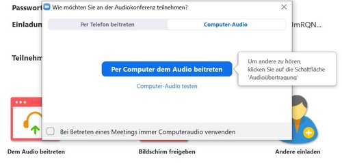 Screenshot: Pop-up-Fenster mit Abfrage zur Teilnahme an der Audio-Konferenz - ob mit Telefon oder Computer-Audio.