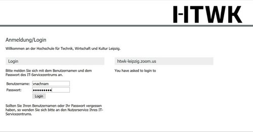 Screenshot: HTWK-Login-Seite für Single-Sign-On (SSO) mit Textfeldern für Benutzername und Passwort.