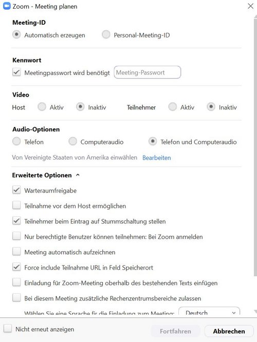 Screenshot: Verschiedene Konfigurationsmöglichkeiten zur Erstellung eines Zoom-Meetings im Outlook-Plugin..