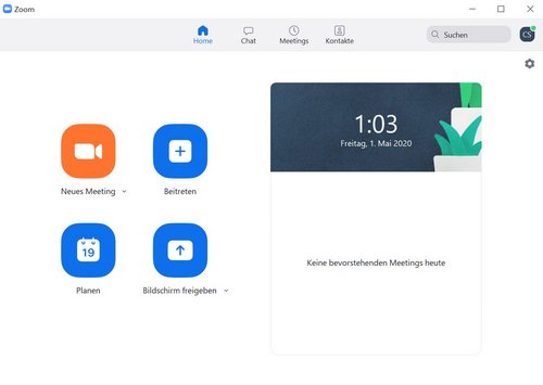 Screenshot: Homescreen des Zoom-Clients.