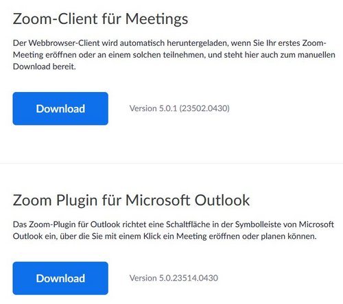 Screenshots: Zwei Download-Fenster, jeweils für den Zoom-Client für Meetings und das Zoom-Plugin für Microsoft-Outlook.
