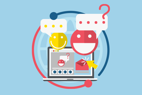Stilisierte Bildschirme und Emojis mit Fragezeichen