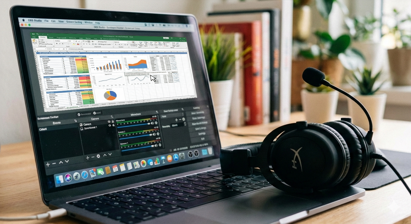 Laptop with recording programme and headset open